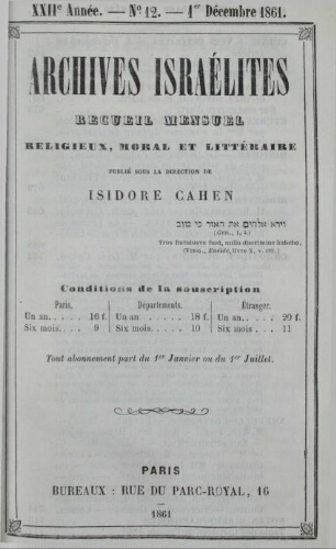 Archives israélites de France. Vol.22 N°12 (décembre 1861)